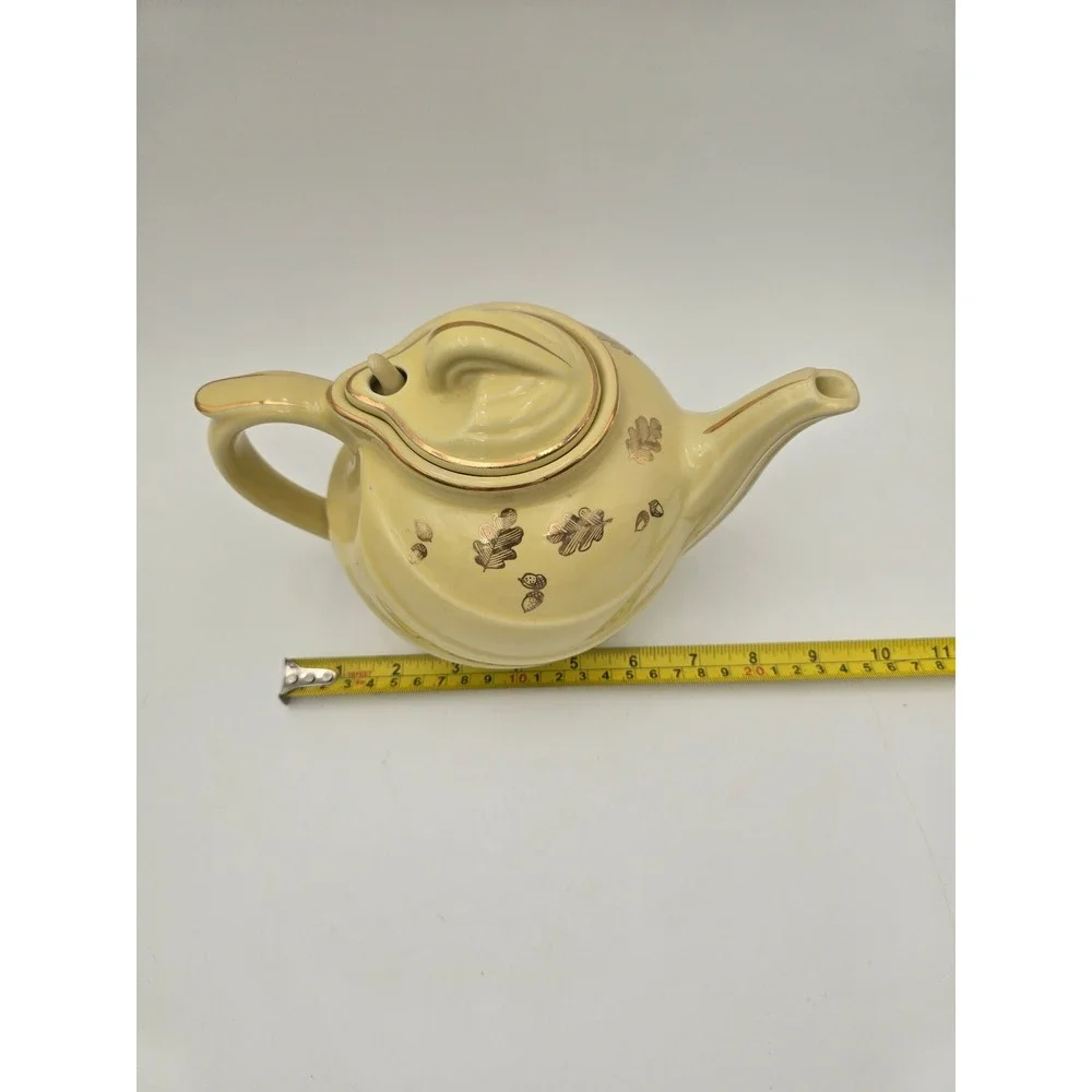 Hall China Yellow Teapot Gold‎ Leaf Acorn Swirl Pattern Vintage Ceramic